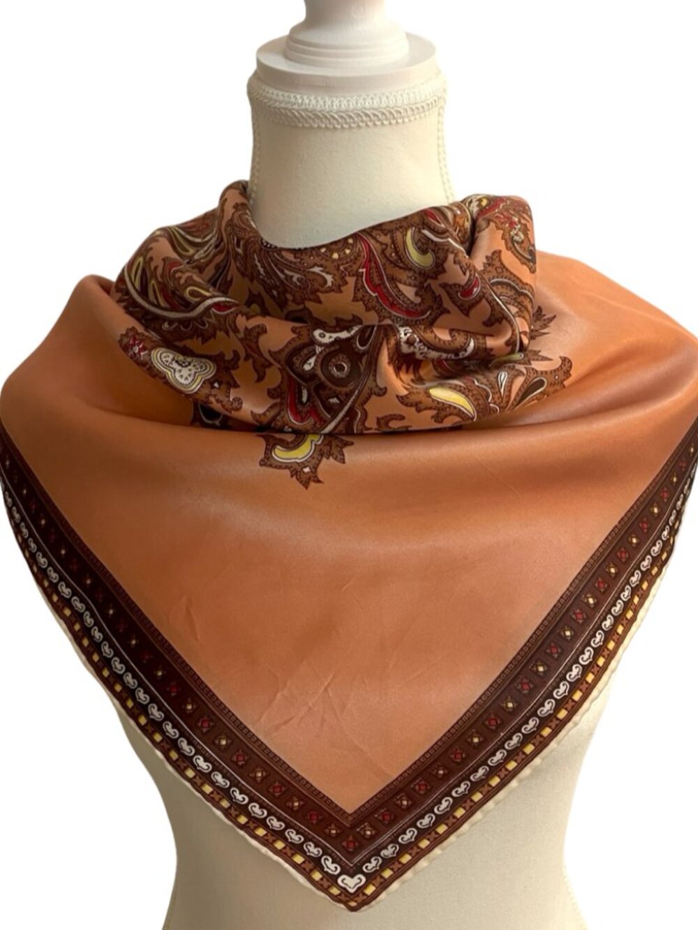 Vintage Paisley Square Scarf Hand Rolled Edges 28” Neutral Peach Tones
